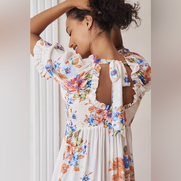 By Anthropologie Dress NWT Puff Sleeve Smocked MIDI Dress in White Floral Medium - Picture 4 of 16
